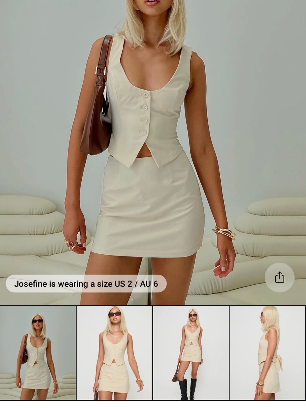 Cream Satin Two-Piece Mini Dress Set - Scoop Neck Vest & Skirt